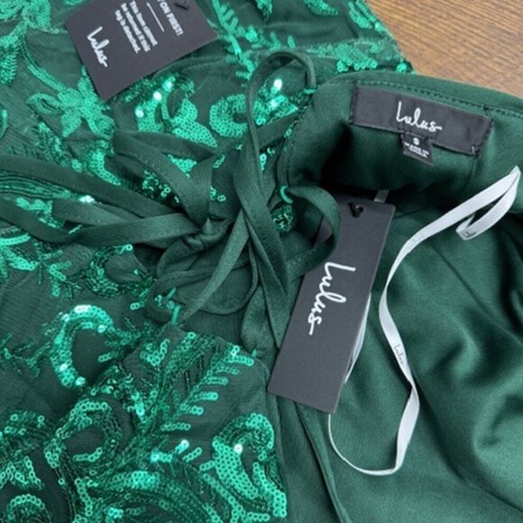 NWT Lulus Divine Energy Emerald Sequin Lace-Up A-line Mini Dress - Picture 5 of 7